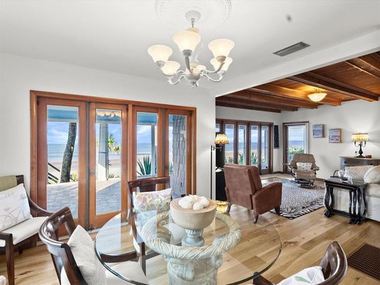 Chandelier, Dining room, Interior, Living room, Water, Wooden Beams, Wooden Ceilings, Wood Texture Flooring