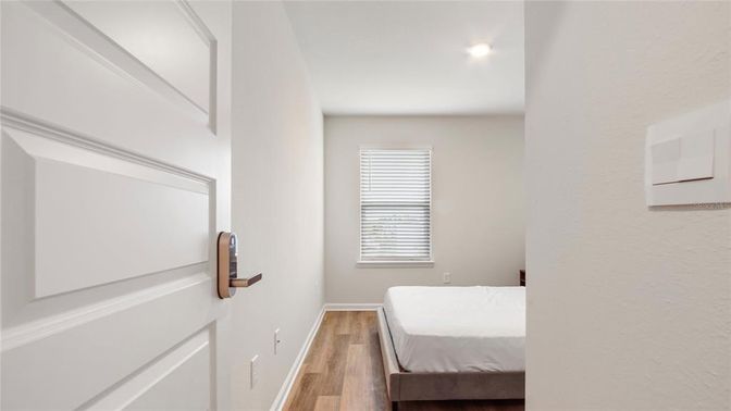 Bedroom, Interior, Recessed Lighting, Wood Texture Flooring