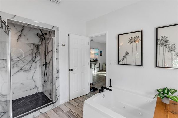 Bathroom, Glass Shower, Interior, Marble Walls, Wood Texture Flooring