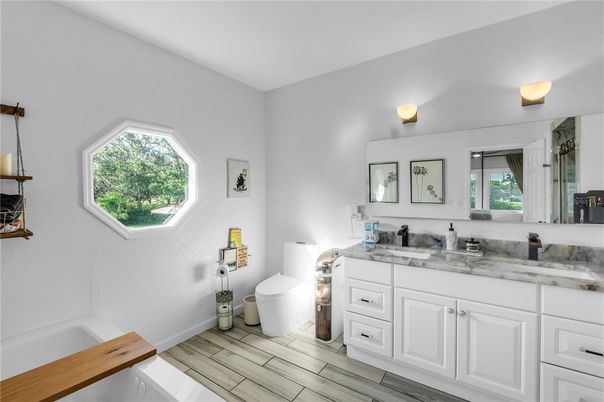 Bathroom, Dual Sink Vanities, Interior, Wood Texture Flooring