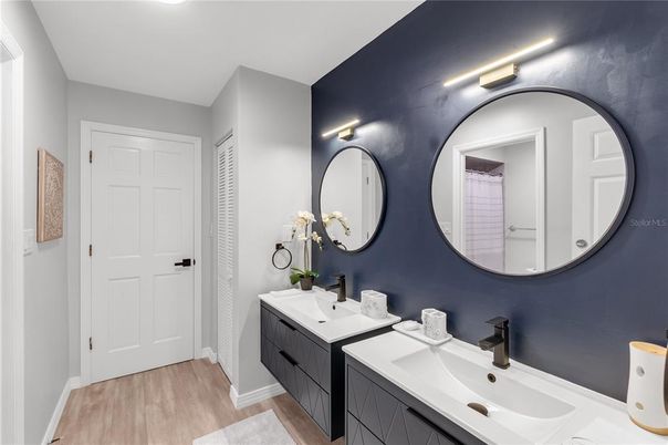 Bathroom, Dual Sink Vanities, Interior, Wood Texture Flooring