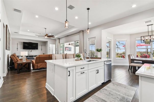 Dining room, Interior, Kitchen, Living room, Pendant Lights, Recessed Lighting, Wood Texture Flooring