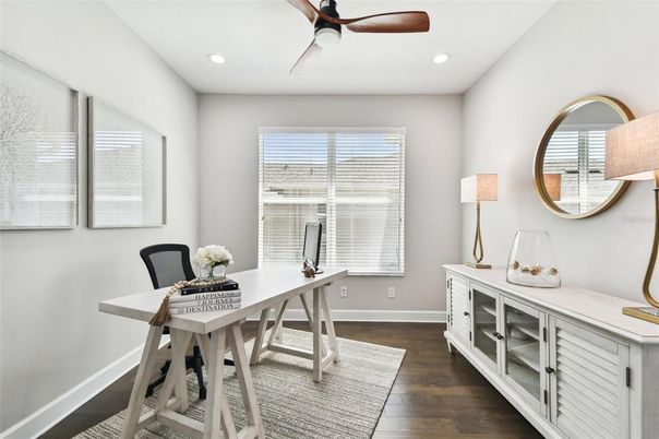 Home Office, Interior, Recessed Lighting, Wood Texture Flooring