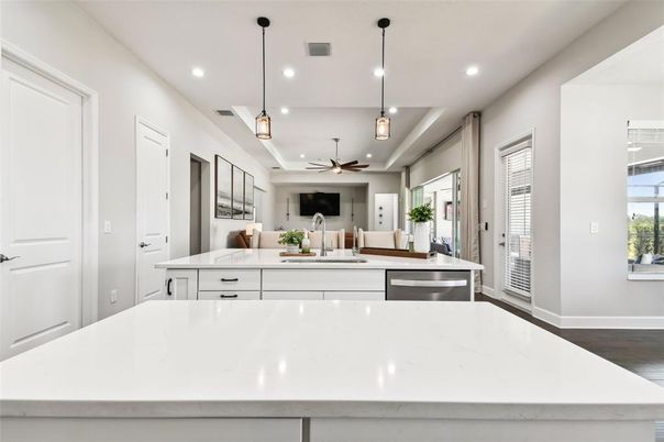 Interior, Kitchen, Pendant Lights, Recessed Lighting, Wood Texture Flooring