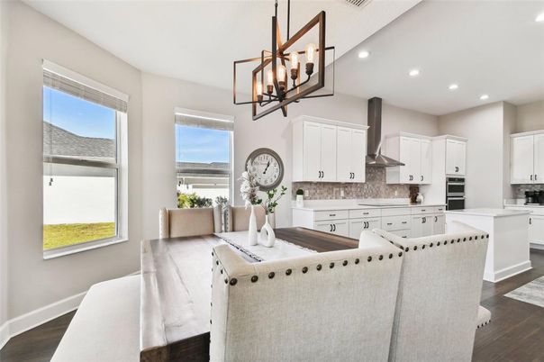 Chandelier, Interior, Kitchen, Pendant Lights, Recessed Lighting, Wood Texture Flooring