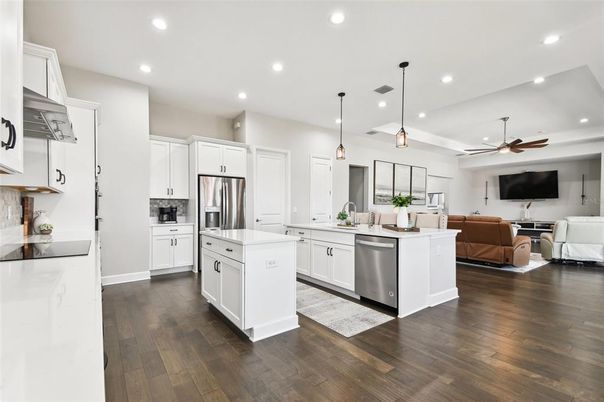 Interior, Kitchen, Living room, Pendant Lights, Recessed Lighting, Stainless Steel Appliances, Wood Texture Flooring