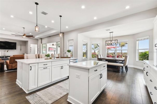 Dining room, Interior, Kitchen, Living room, Pendant Lights, Recessed Lighting, Wood Texture Flooring
