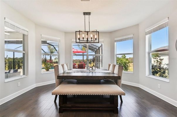 Dining room, Interior, Pendant Lights, Wood Texture Flooring