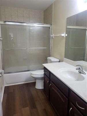 Bathroom, Glass Shower, Interior, Wood Texture Flooring