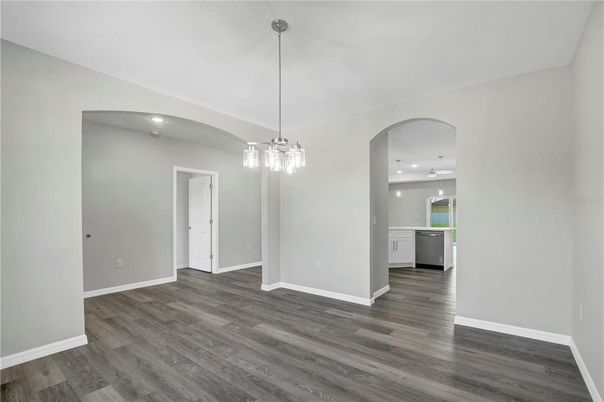 Empty room, Interior, Kitchen, Pendant Lights, Recessed Lighting, Wood Texture Flooring