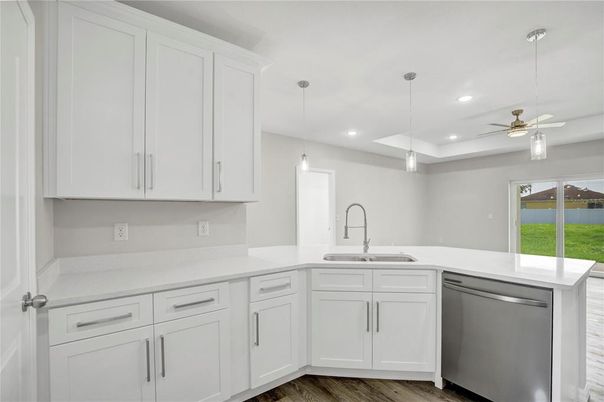 Interior, Kitchen, Pendant Lights, Recessed Lighting, Wood Texture Flooring
