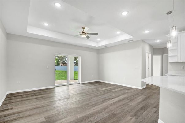Empty room, Interior, Pendant Lights, Recessed Lighting, Wood Texture Flooring