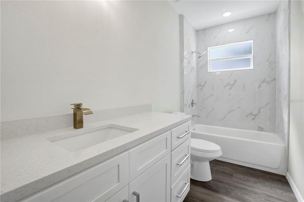 Bathroom, Interior, Marble Walls, Recessed Lighting, Wood Texture Flooring