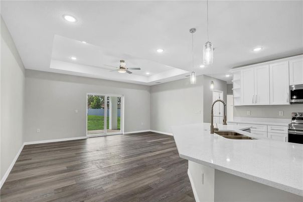 Interior, Kitchen, Pendant Lights, Recessed Lighting, Wood Texture Flooring