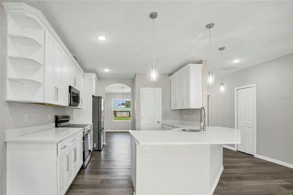 Interior, Kitchen, Pendant Lights, Recessed Lighting, Wood Texture Flooring