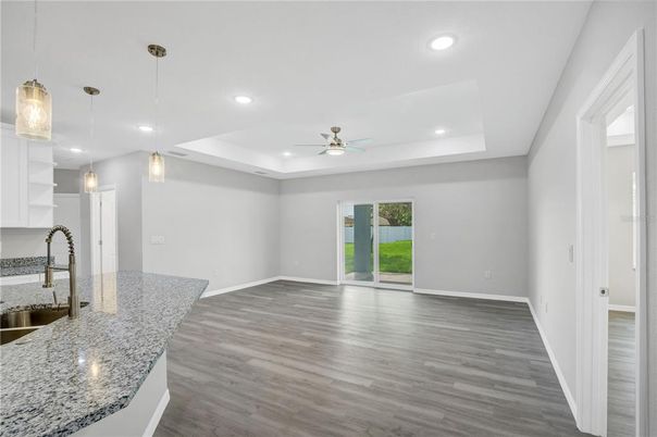 Empty room, Interior, Pendant Lights, Recessed Lighting, Wood Texture Flooring