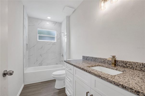 Bathroom, Interior, Marble Walls, Recessed Lighting, Wood Texture Flooring