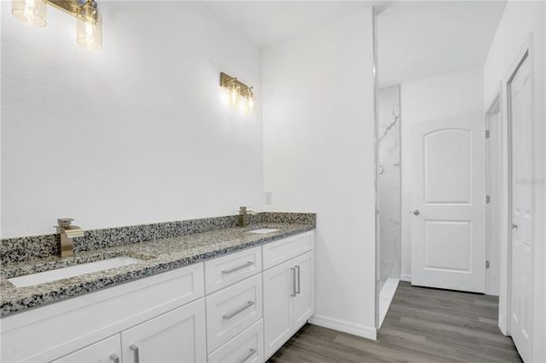 Bathroom, Dual Sink Vanities, Interior, Marble Walls, Wood Texture Flooring