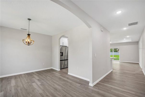 Empty room, Interior, Pendant Lights, Recessed Lighting, Wood Texture Flooring