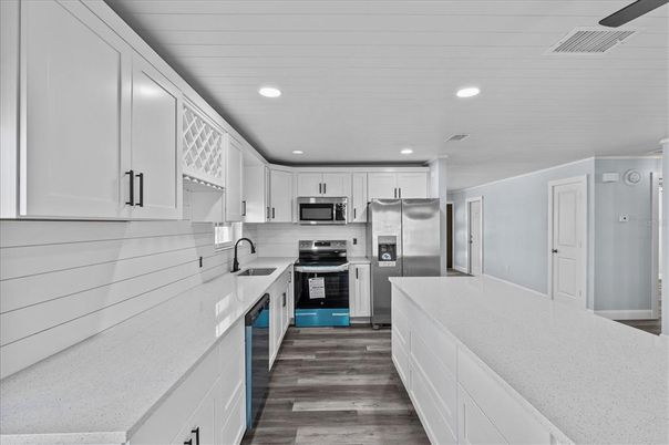 Interior, Kitchen, Recessed Lighting, Stainless Steel Appliances, Wood Texture Flooring