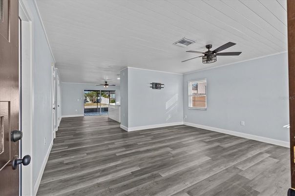 Empty room, Interior, Recessed Lighting, Wood Texture Flooring