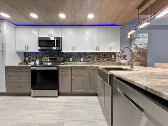 Interior, Kitchen, Recessed Lighting, Stainless Steel Appliances, Wooden Ceilings