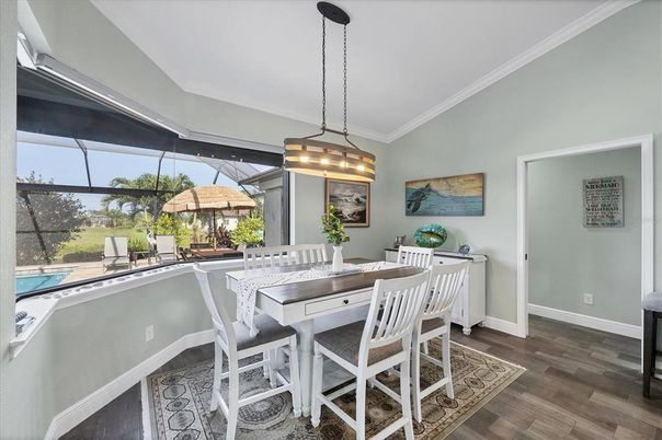 Dining room, Glass Ceilings, Interior, Pendant Lights, Wood Texture Flooring