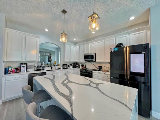Interior, Kitchen, Pendant Lights, Recessed Lighting, Wood Texture Flooring