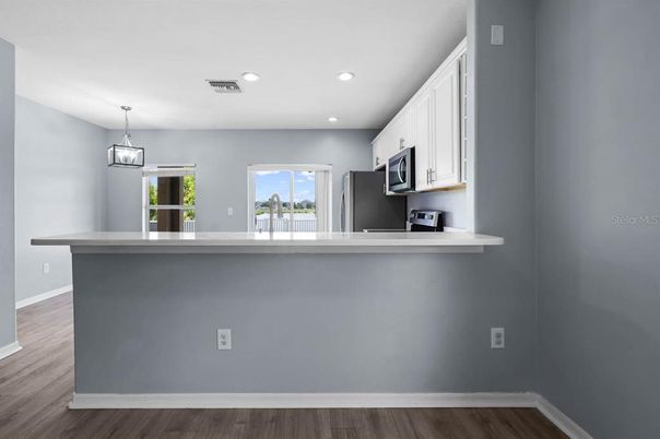 Interior, Kitchen, Pendant Lights, Recessed Lighting, Wood Texture Flooring