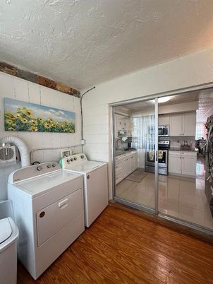 Interior, Kitchen, Stainless Steel Appliances, Washer, Wood Texture Flooring