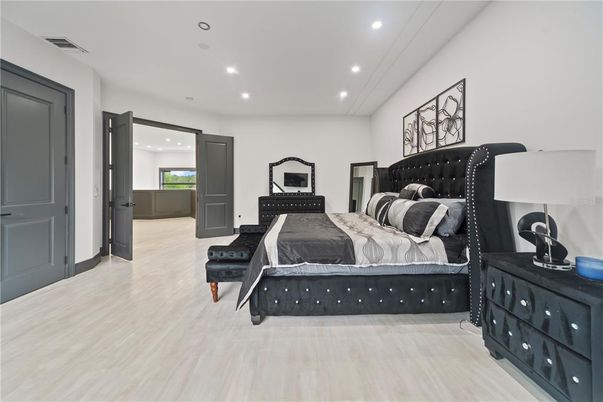 Bedroom, Interior, Recessed Lighting, Wood Texture Flooring