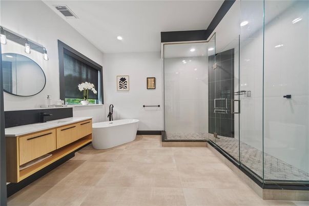 Bathroom, Dual Sink Vanities, Free Standing Baths, Glass Shower, Interior, Recessed Lighting