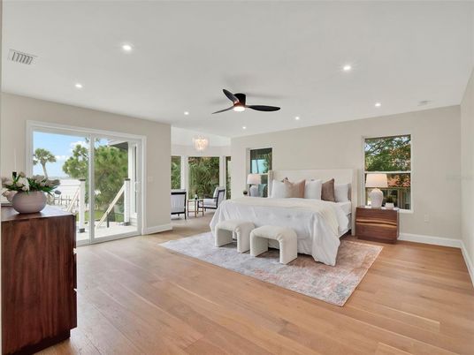 Bedroom, Chandelier, Interior, Recessed Lighting, Wood Texture Flooring
