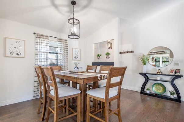 Dining room, Interior, Pendant Lights, Wood Texture Flooring