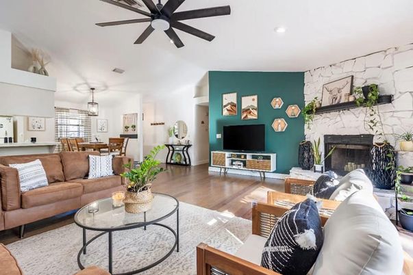 Dining room, Fireplace, Interior, Kitchen, Living room, Pendant Lights, Recessed Lighting, Wood Texture Flooring