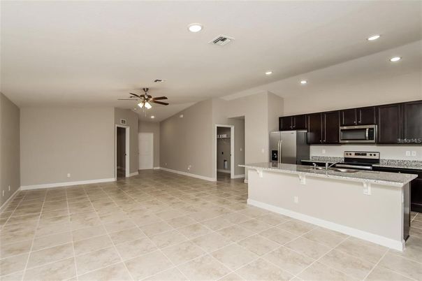 Empty room, Interior, Kitchen, Recessed Lighting, Stainless Steel Appliances
