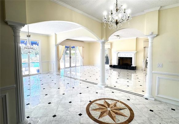 Chandelier, Fireplace, Interior, Marble