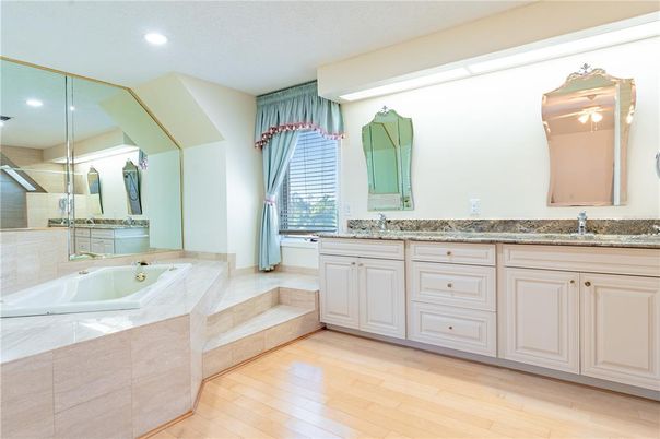 Bathroom, Dual Sink Vanities, Interior, Recessed Lighting, Wood Texture Flooring