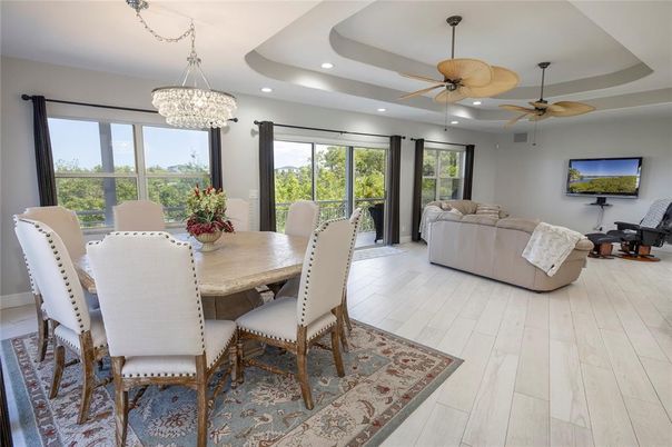 Chandelier, Dining room, Interior, Living room, Recessed Lighting, Wood Texture Flooring