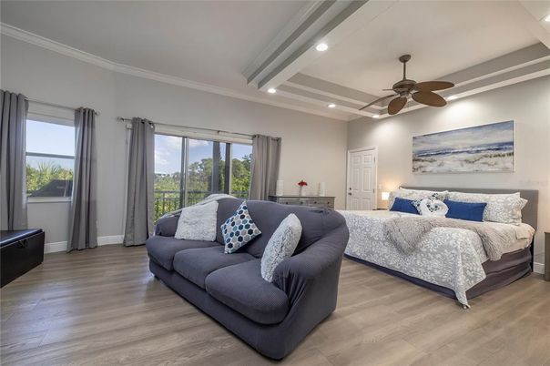Bedroom, Interior, Recessed Lighting, Wood Texture Flooring
