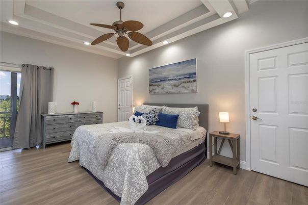 Bedroom, Interior, Recessed Lighting, Wood Texture Flooring