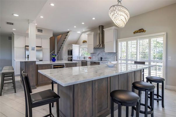 Chandelier, Interior, Kitchen, Recessed Lighting, Stainless Steel Appliances