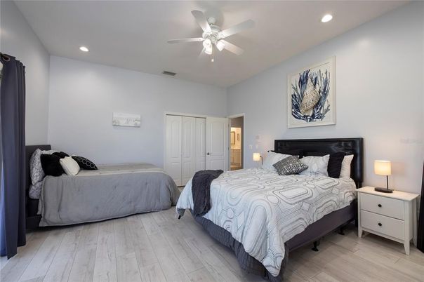 Bedroom, Interior, Recessed Lighting, Wood Texture Flooring