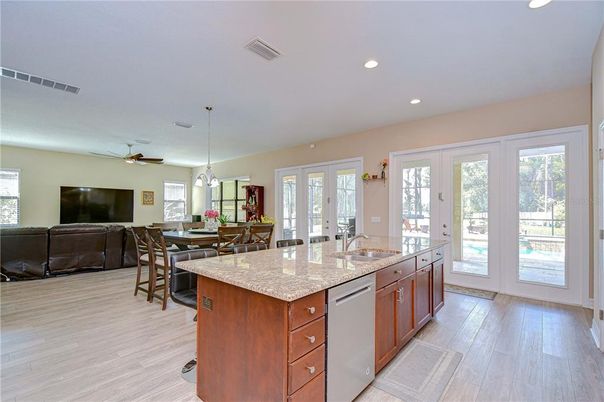 Dining room, Interior, Kitchen, Pendant Lights, Recessed Lighting, Wood Texture Flooring