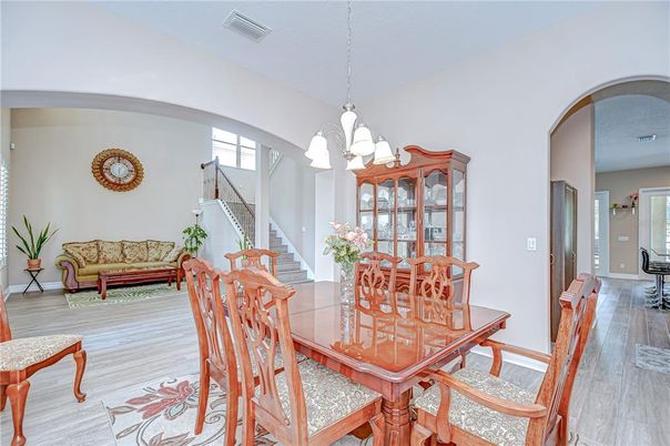 Chandelier, Dining room, Interior, Pendant Lights, Wood Texture Flooring