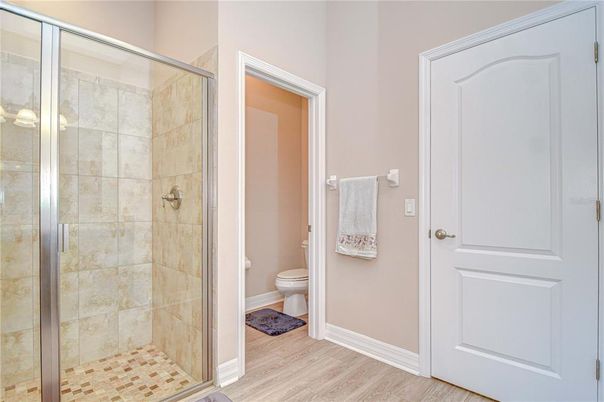 Bathroom, Glass Shower, Interior, Wood Texture Flooring