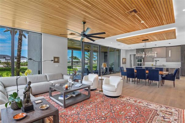 Dining room, Interior, Kitchen, Living room, Pendant Lights, Recessed Lighting, Wooden Ceilings, Wood Texture Flooring