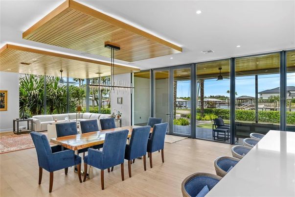 Dining room, Interior, Living room, Pendant Lights, Recessed Lighting, Wooden Ceilings, Wood Texture Flooring