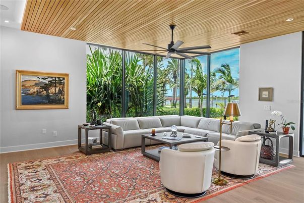 Interior, Living room, Recessed Lighting, Water, Wooden Ceilings, Wood Texture Flooring