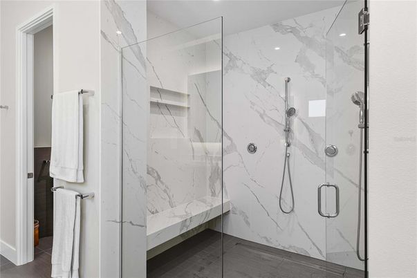 Bathroom, Glass Shower, Interior, Marble Walls, Recessed Lighting